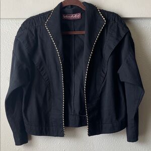 Vintage black cropped open front jacket with gold trim by Marie St. Monet